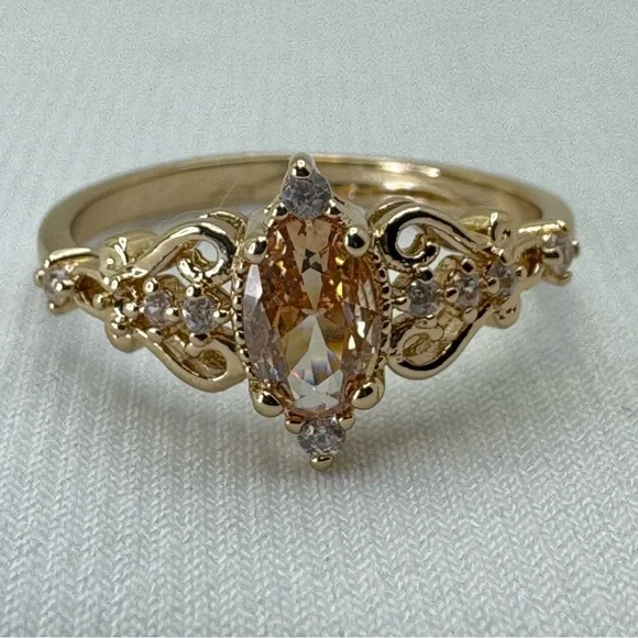 Art Deco Style Champagne Topaz CZ Ring Gold Vintage Inspired Filigree Cocktail - Picture 5 of 8